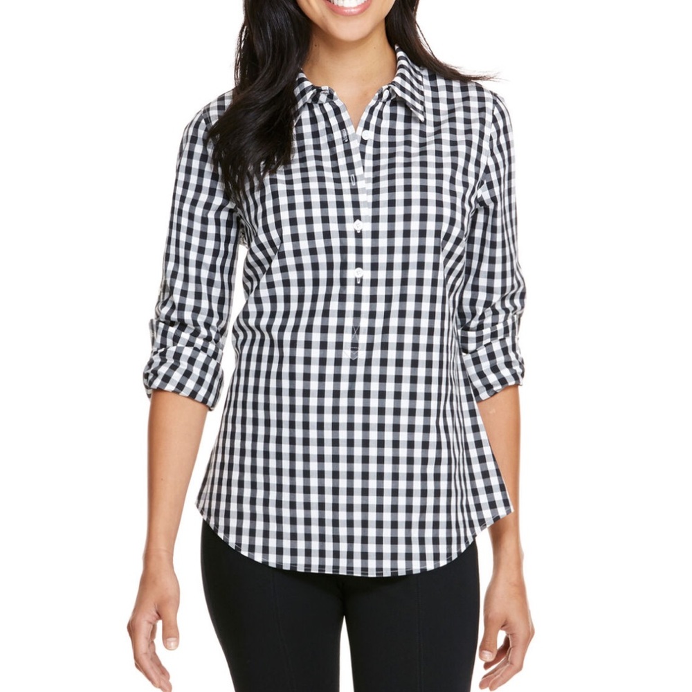 Vineyard Vines Medium Gingham Popover Shirt Black White Plaid Checker Top 8